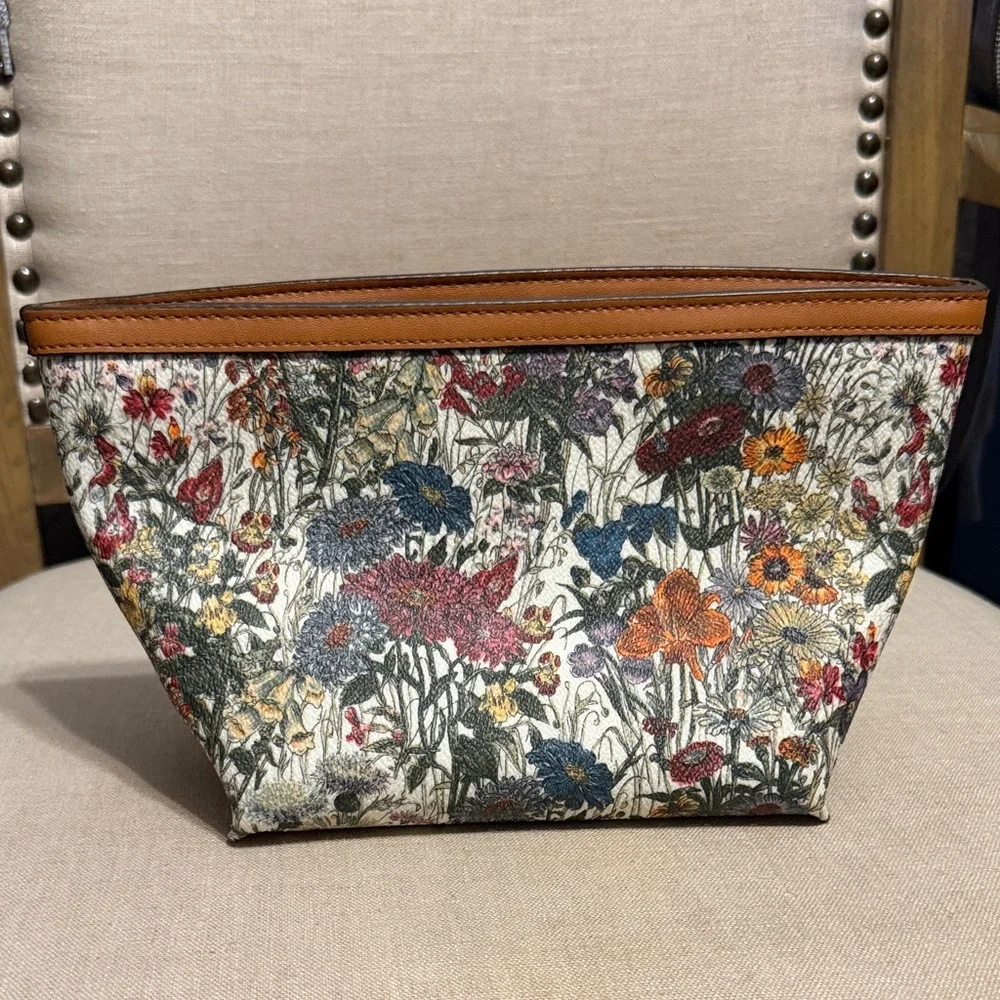 Tory Burch Floral Cosmetic Pouch in Cream, Brown, Blue, Pink